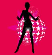 Silhouette of the Disney female, at background with the beautiful globe with stars and flower, at red background, clipart