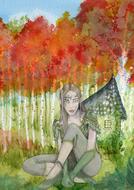 Beautiful drawing of the elve girl near the house, among the colorful plants in autumn