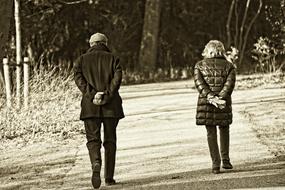 Photo of the old couple, with sepia effect, on the beautiful path, among the trees