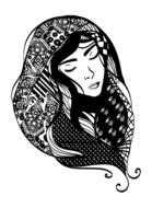female head in scarf, black and white drawing