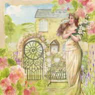 Beautiful and colorful vintage drawing with the girl, among the colorful flowers, near the gate, bench and house, clipart