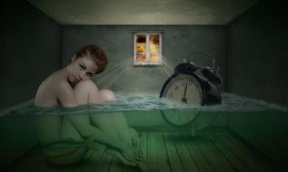 woman room clock water drawing