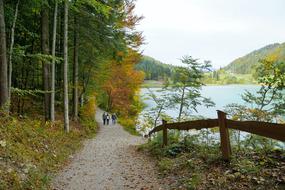 People walking on the path among the beautiful forest and lake in Ellmau, Austria
