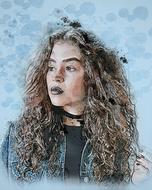 Drawing of the beautiful girl with curly hair and make-up, at blue background