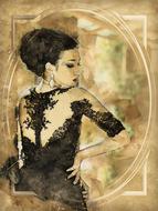Girl, with the make-up, posing in the black clothing, at colorful, vintage background, clipart