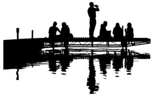 people resting on pier at water, silhouette