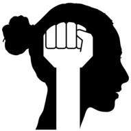 Black profile portrait of a woman and white fist, at white background, clipart