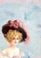 greeting card, woman in vintage hat with pink feathers