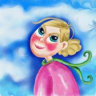 Beautiful, colorful, watercolour painting of the blonde woman, at background with the blue sky, with the clouds