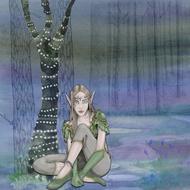 fairytale girl sits beneath tree drawing