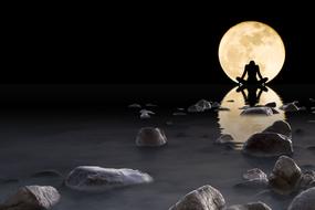 Silhouette of a person, in meditation, on the stones, among the water, at beautiful Moon, at the night, clipart