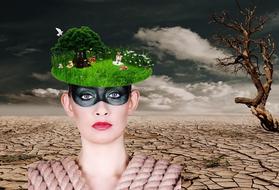 woman with meadow hat in surreal landscape