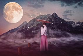 asian girl with umbrella in mountains at full moon night, collage