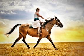 woman Riding Horse on harvested field