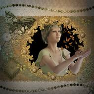 Colorful drawing of the woman, with the colorful and beautiful butterflies, among the colorful and beautiful, patterned frame, with the plants, clipart
