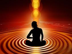 meditating girl and red waves on the water
