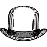 Black and white drawing of the vintage bowler hat, at white background, clipart