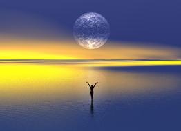 drawn girl on the surface of the evening sea against the background of a transparent moon