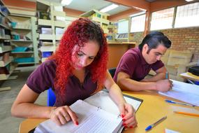 photos of students studying information in the library