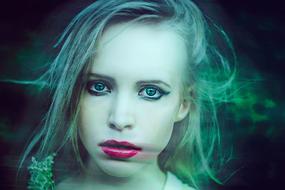 young frightened girl with bright makeup