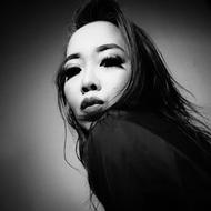 black and white, asian model with long hair
