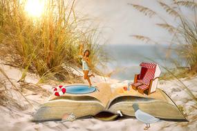 clipart of girl on book on baltic sea beach