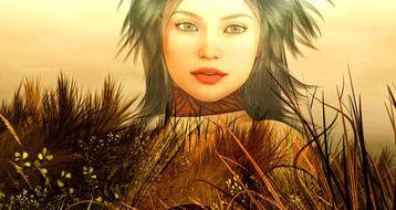 female face over surreal landscape, fantasy, drawing
