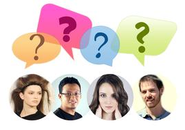 thought bubbles with question marks above portraits