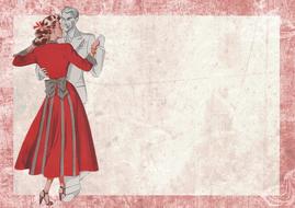 Beautiful and colorful, vintage drawing of the dancing couple, with the red and white frame, clipart