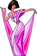 Beautiful drawing of the dancer woman in pink and purple dress, at white background, on clipart
