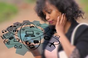 woman in business suit and internet symbol set