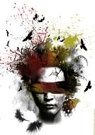 Beautiful and colorful drawing with the portrait of the woman, with the birds and paint splatter, at white background, clipart