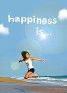 Smiling woman, jumping on the sandy beach, near the water, and "happiness" sign, in sunlight