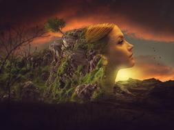 woman's face in harmony with nature as a fantasy