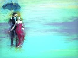 Drawing of a vintage couple in suit and dress under umbrella at green and blue background