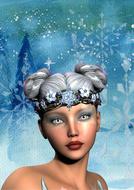 3d model of the beautiful and colorful girl, at background with the trees, snowflakes and snow in winter