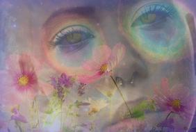 Colorful portrait of the girl, with the nose piercing, in colorful flowers, clipart