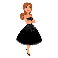 Clipart of a smiling girl in black dress and black shoes with high heels at white background