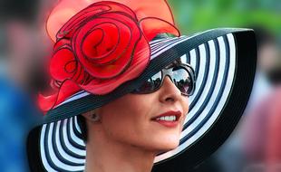 beautiful woman in a glamorous hat close-up on a blurred background