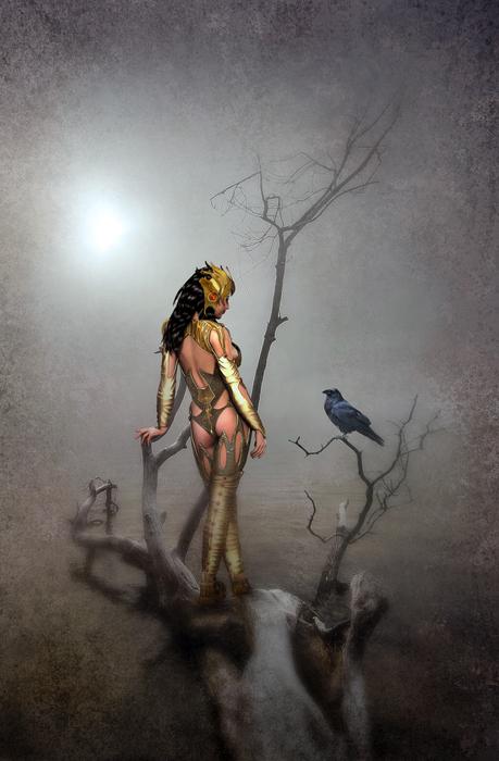 Amazon girl near a tree with a raven