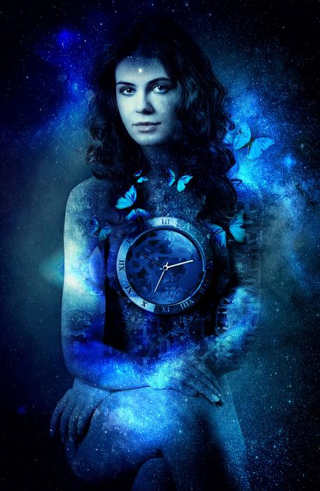 mystical image of a woman with a clock on her chest