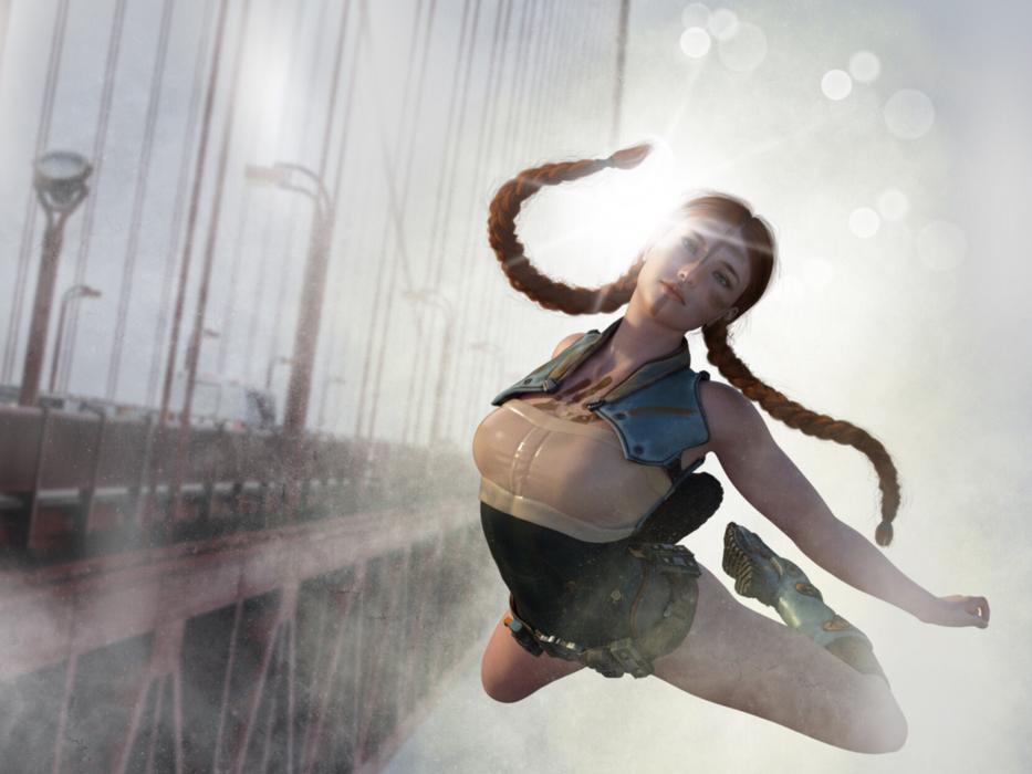 woman in jump at bridge, digital art