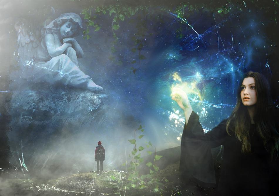 woman in magical dark landscape