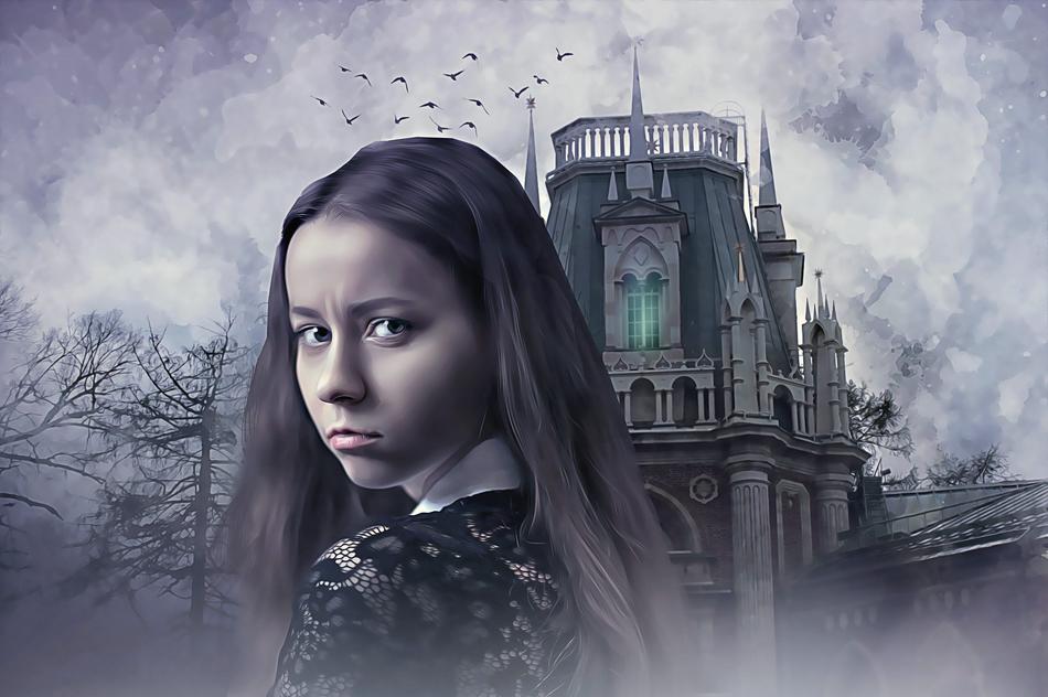 portrait of a girl on the background of the gothic palace
