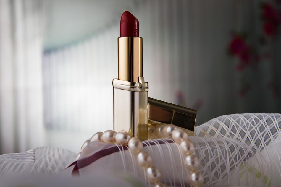 Lipstick and Pearl Necklace close up