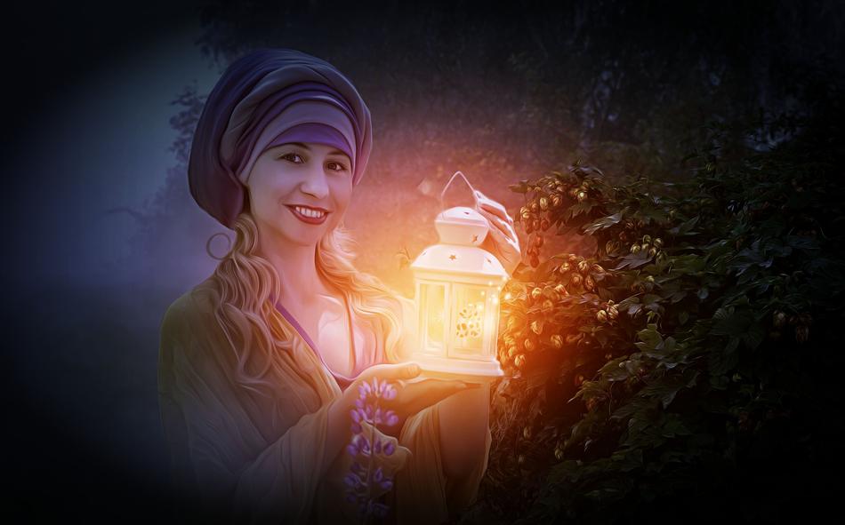 woman with a lantern in the fog