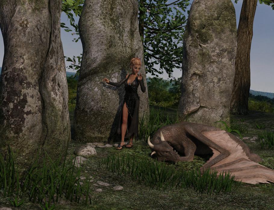 mystical image of a girl and a sleeping dragon in the forest