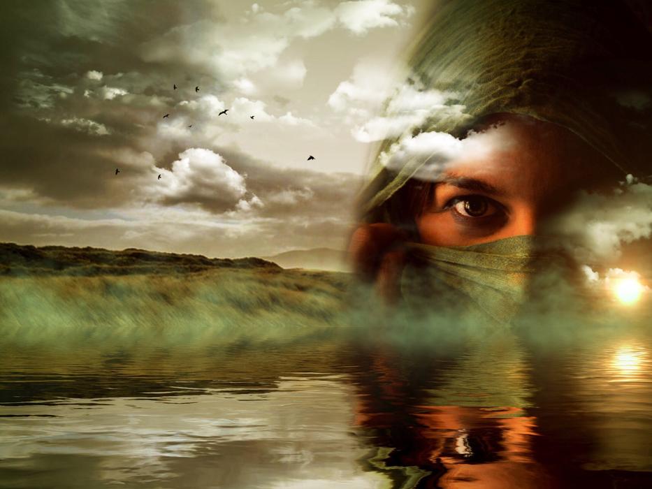 girl in the clouds above the lake as a fantasy