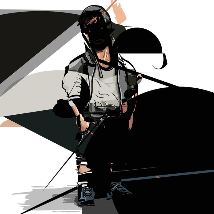 Clipart with the model guy, among the white and black shapes