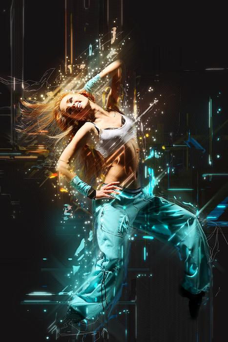 Funky, dancer girl, in the colorful lights, among the darkness, clipart